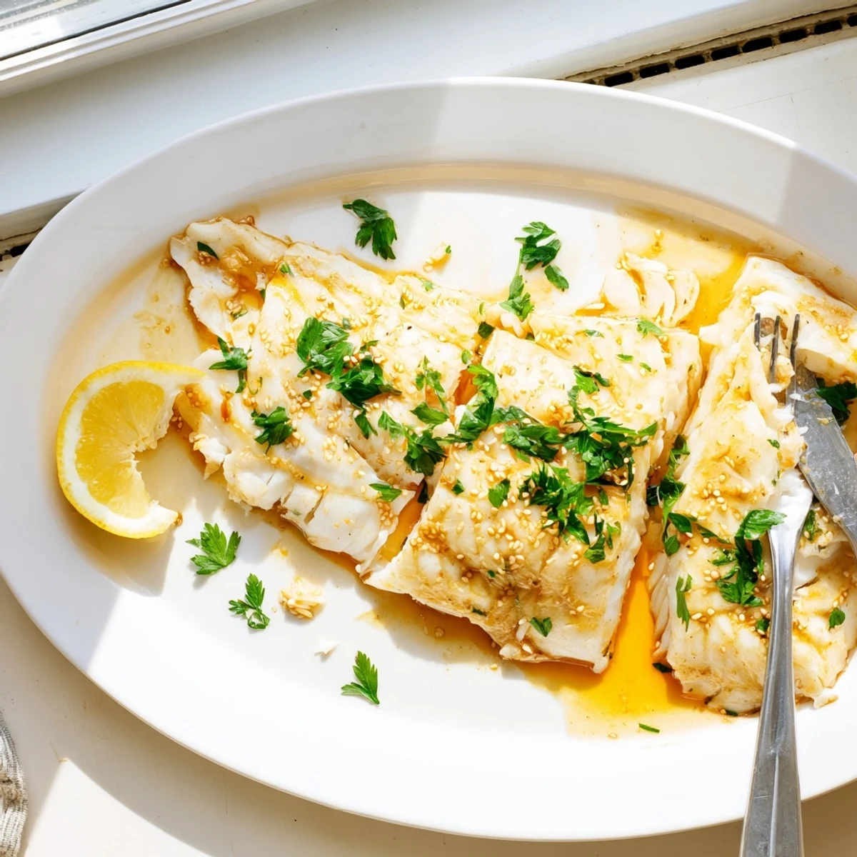 Golden baked cod fillets glazed with honey soy marinade and garnished with fresh parsley