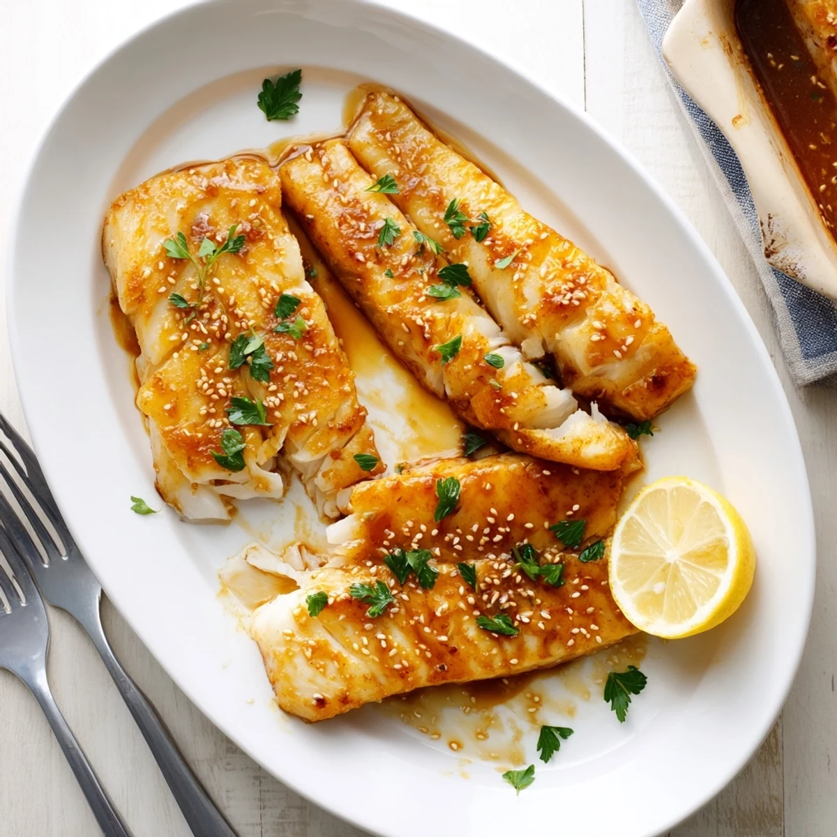 Flaky white cod pieces roasted to perfection in a sweet and savory honey soy sauce