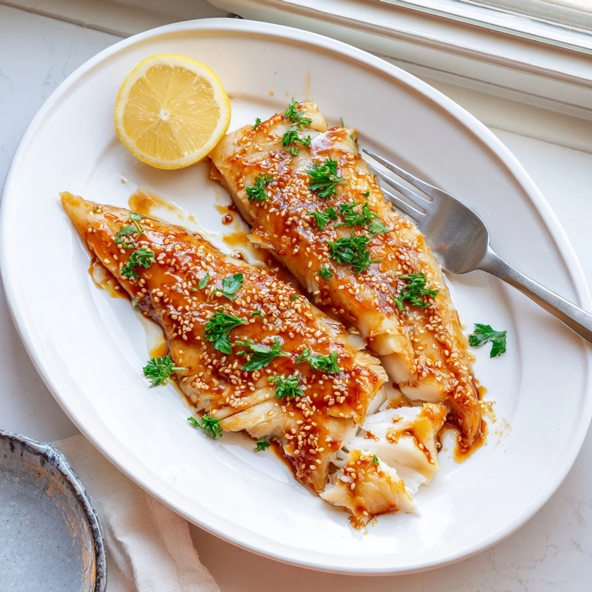 Tender baked honey soy cod served with sesame seeds and lemon wedges on a white plate