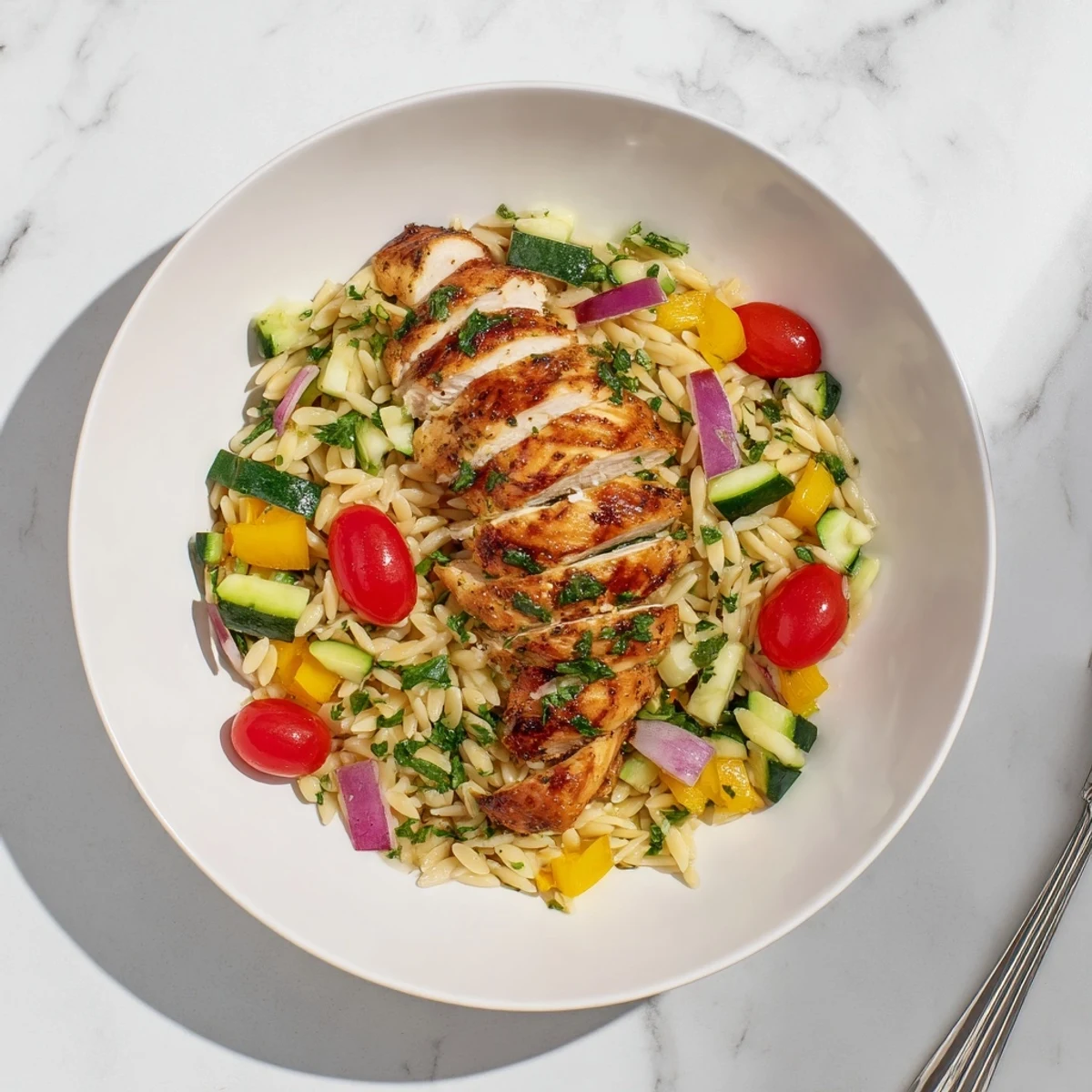 Tender balsamic chicken breast plated over colorful roasted vegetables and herb-flecked orzo pasta