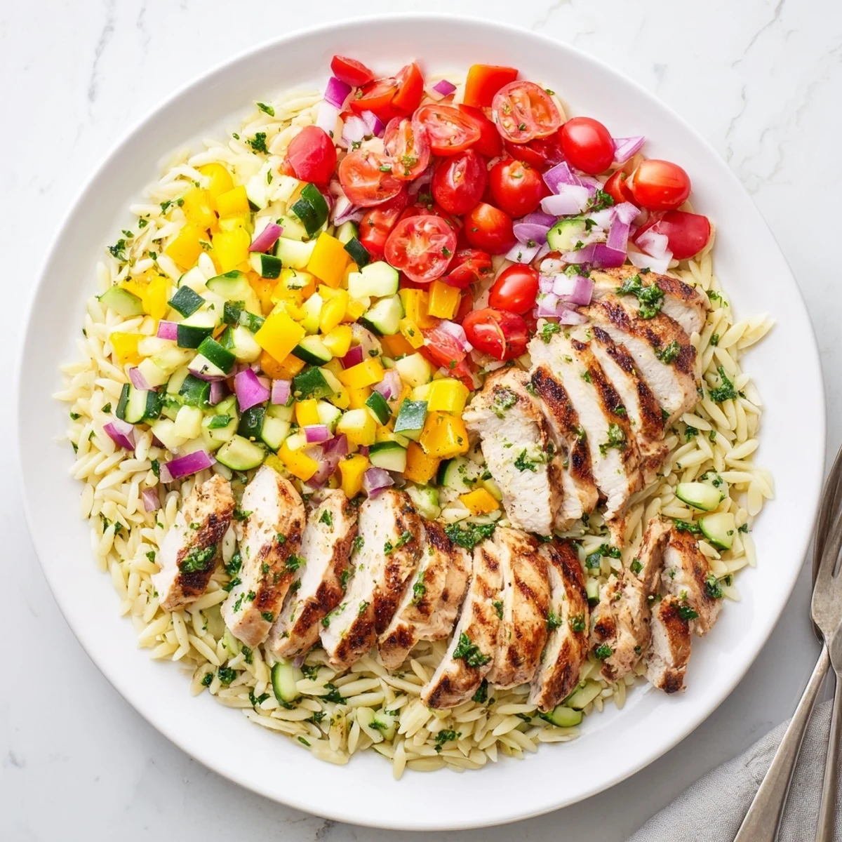 Balsamic glazed chicken slices served mediterranean-style with roasted veggies and lemon seasoned orzo