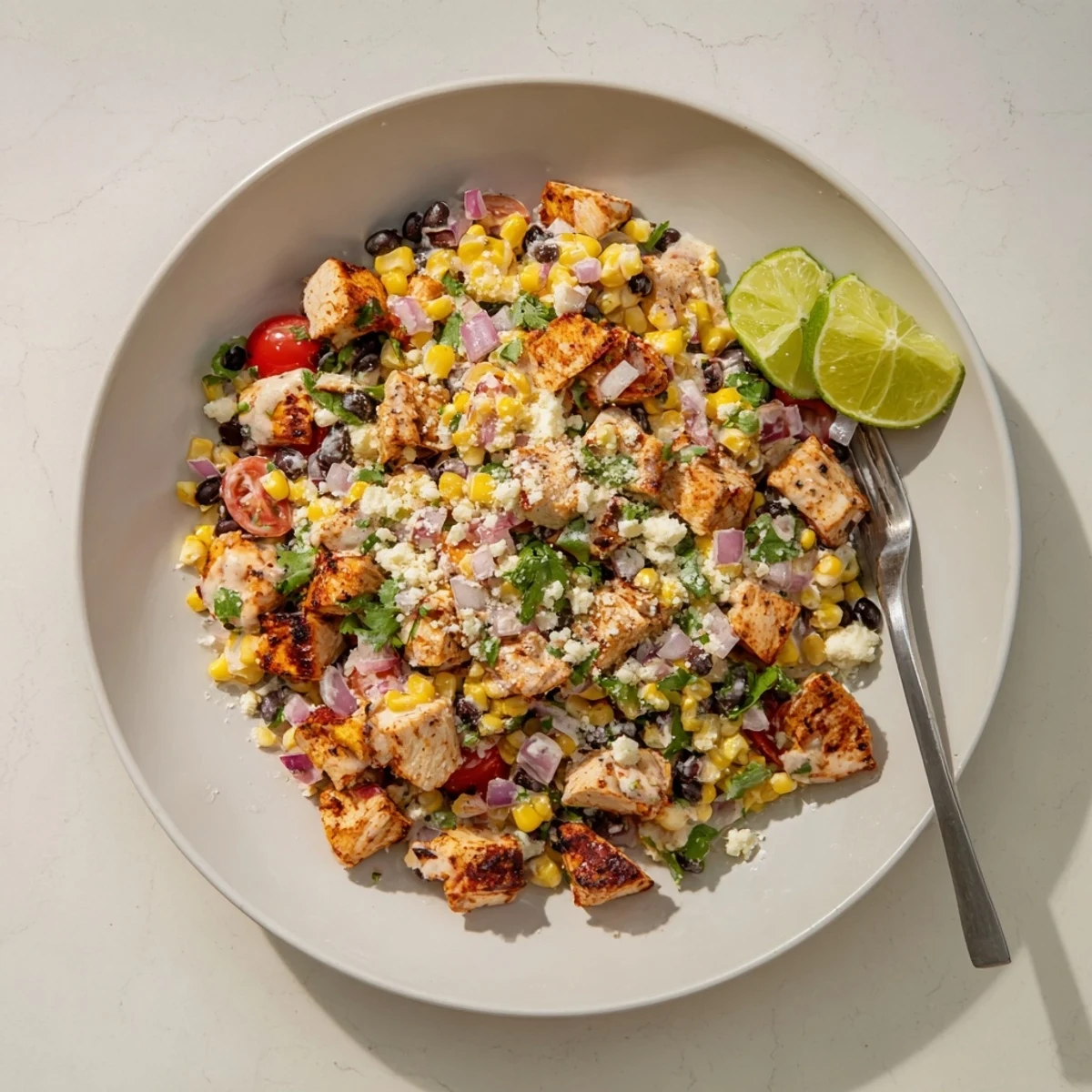 Colorful bowl of high protein chicken street corn salad with grilled chicken, sweet corn, black beans, tomatoes, and creamy Greek yogurt dressing