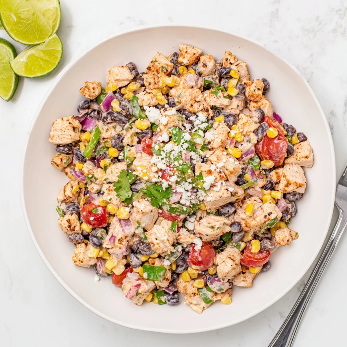 Vibrant high protein chicken street corn salad topped with crumbled cotija cheese, grilled chicken, and zesty lime wedges