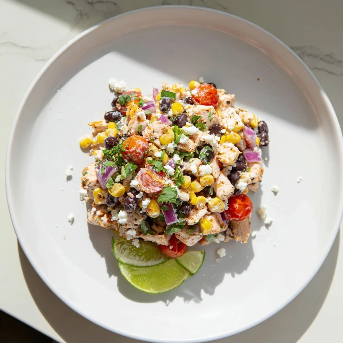 Fresh high protein chicken street corn salad featuring charred corn, juicy grilled chicken, black beans, and tangy yogurt dressing