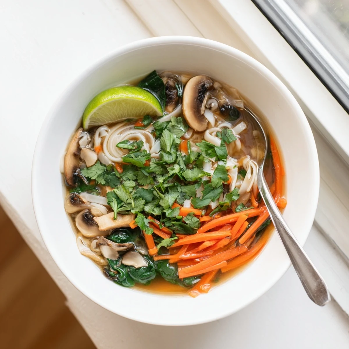 Steamy healing ginger garlic broth with rice noodles garnished with fresh cilantro and lime wedges in a ceramic bowl