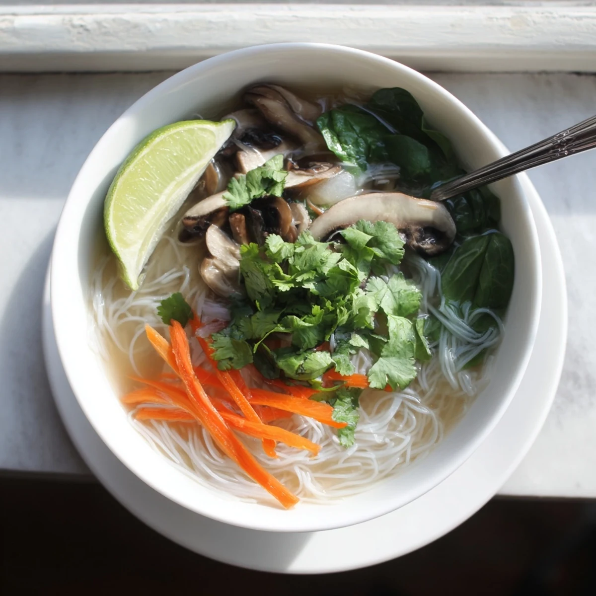 Aromatic vegan soup featuring tender rice noodles in savory ginger garlic broth with baby spinach and shiitake mushrooms