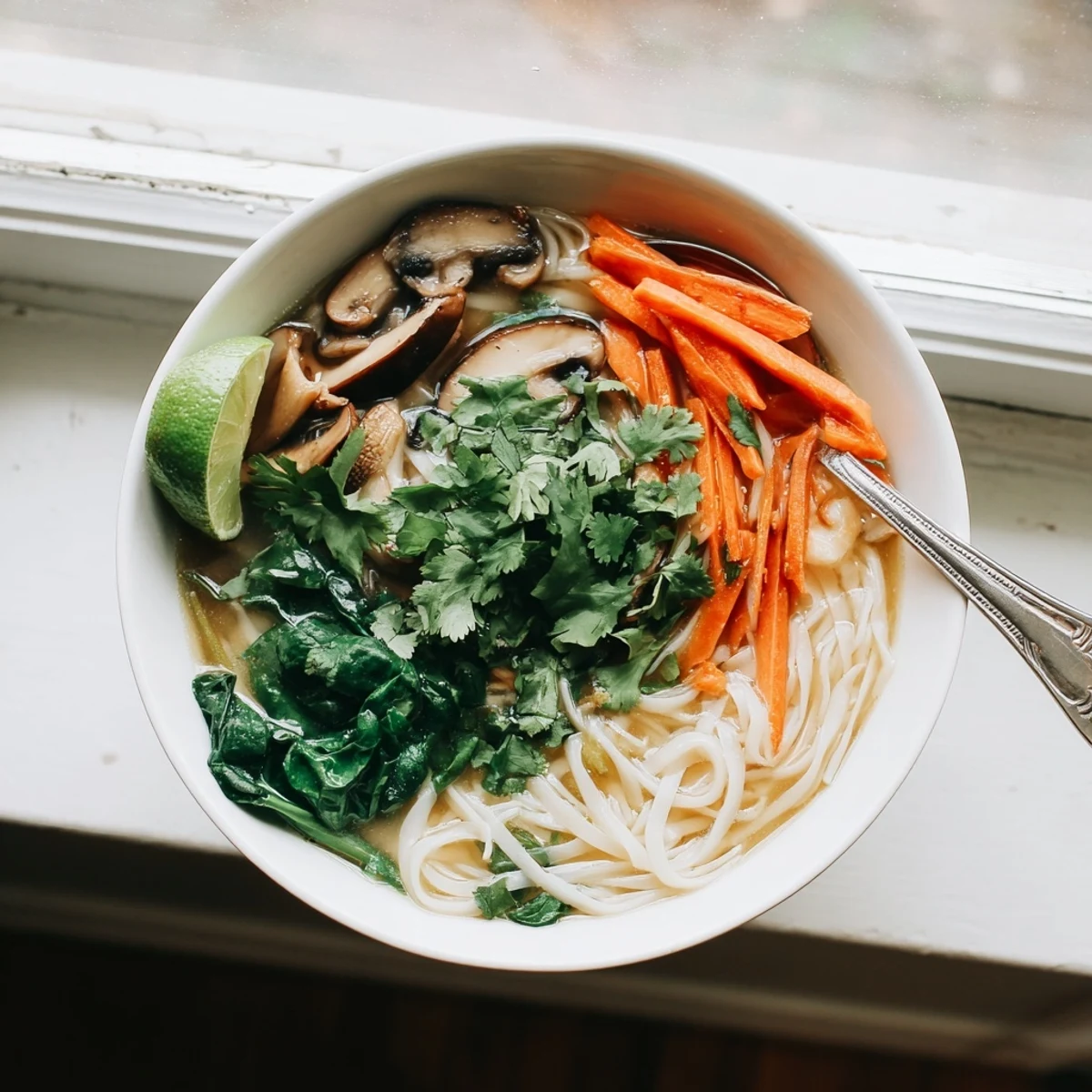 Comforting Asian-inspired noodle bowl with fragrant ginger garlic broth topped with fresh basil and julienned carrots