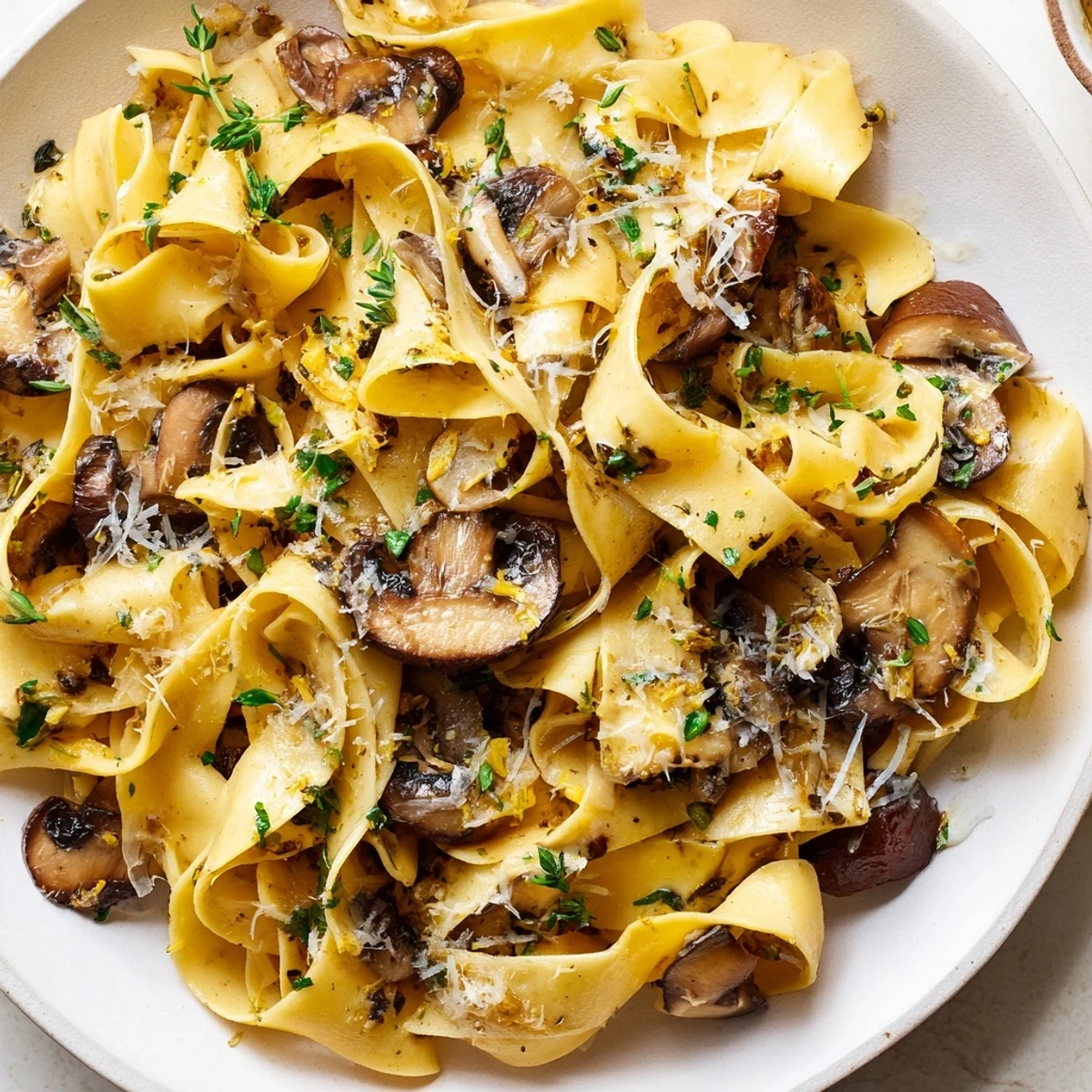 Golden brown mushrooms coat wide garlic butter mushroom pappardelle ribbons in a creamy Parmesan sauce