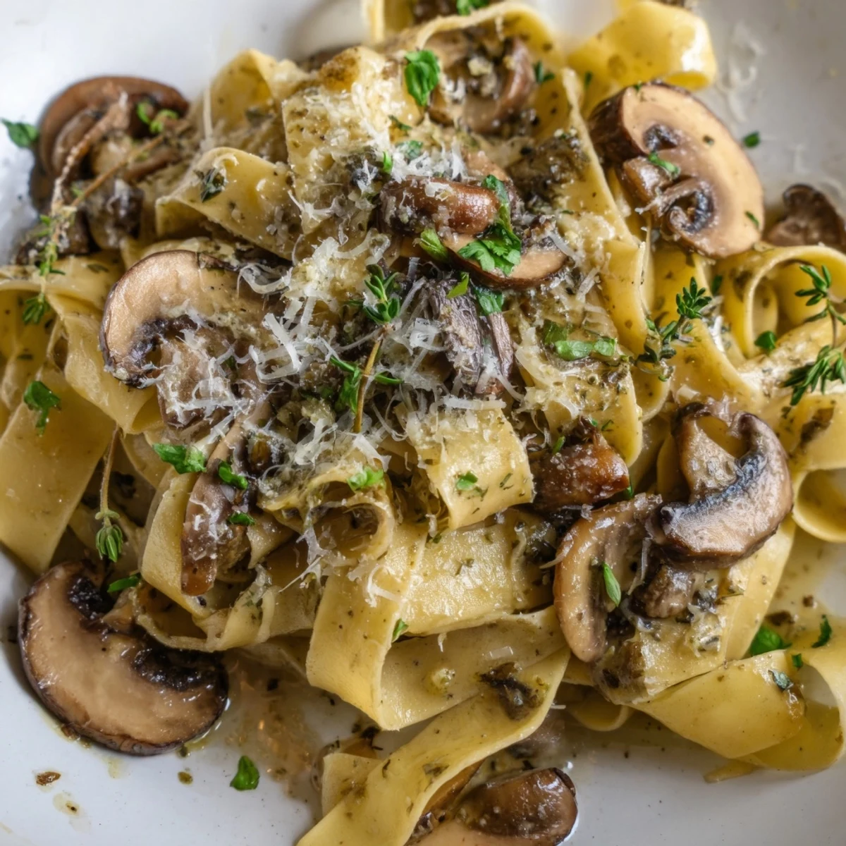 Steam rises from a bowl of garlic butter mushroom pappardelle tossed with fresh herbs and lemon zest