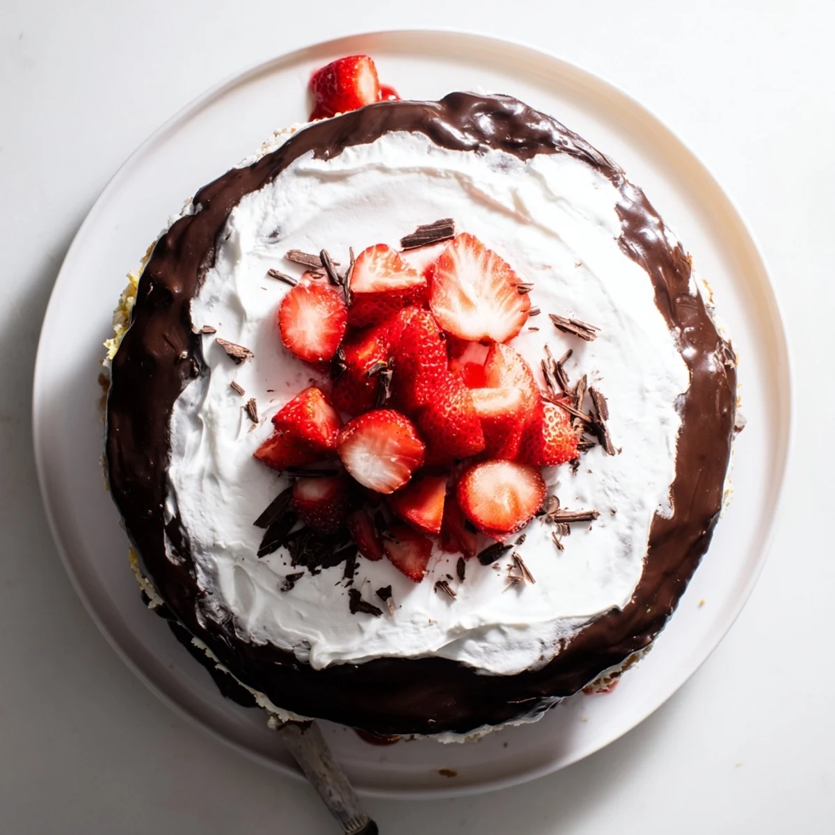 Decadent strawberry chocolate shell cake showcasing glossy dark chocolate coating and fresh strawberry garnish