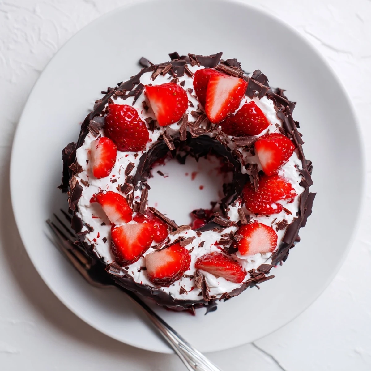 Elegant strawberry chocolate shell cake topped with halved fresh strawberries over crackling chocolate shell