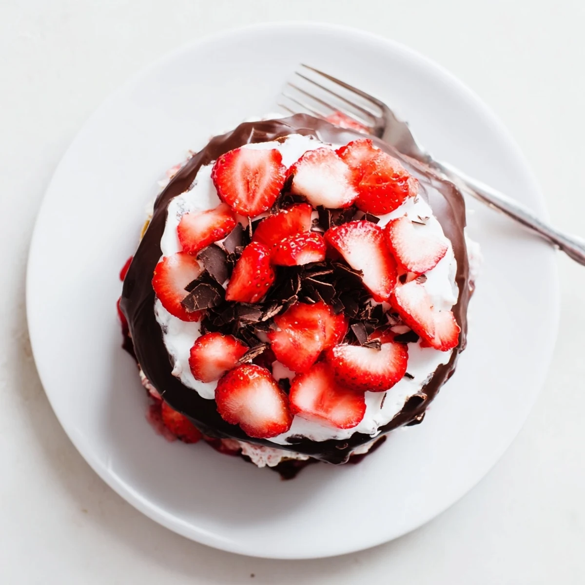 Slice of strawberry chocolate shell cake revealing fluffy vanilla layers with sweet red berry filling