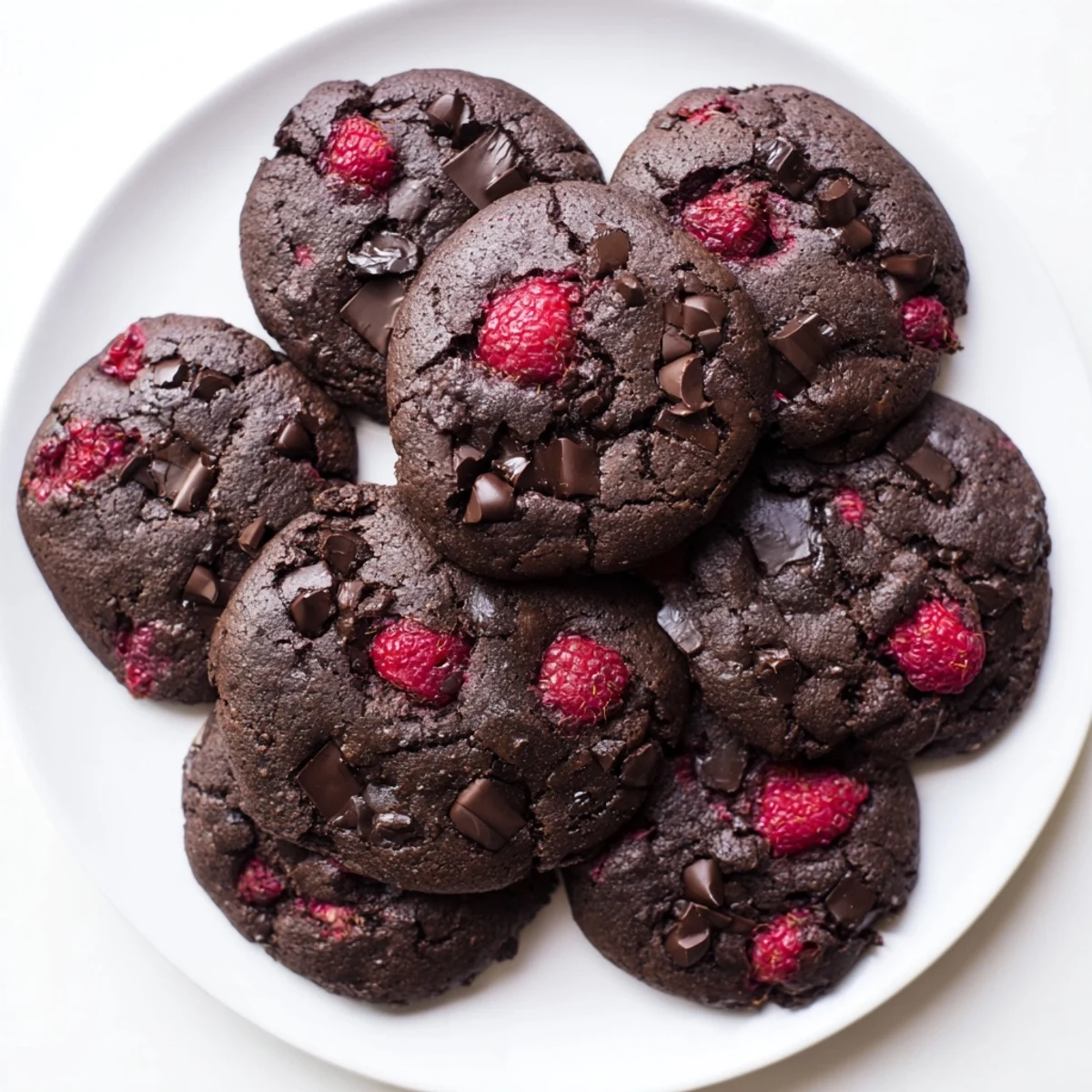 Chewy dark chocolate raspberry cookies fresh from the oven with melted chocolate chunks and bright red berries