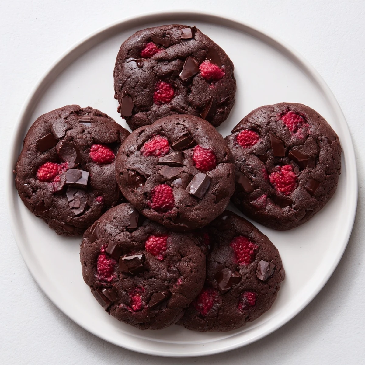 Close-up of homemade dark chocolate raspberry cookies showing rich cocoa dough studded with chocolate chunks and raspberries
