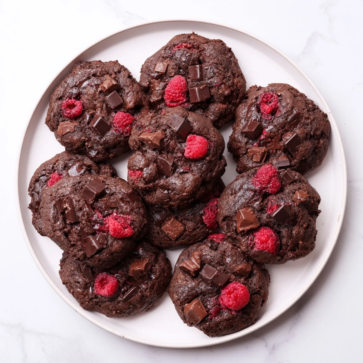 Plate of warm dark chocolate raspberry cookies featuring gooey chocolate chips and tart raspberries on a white background
