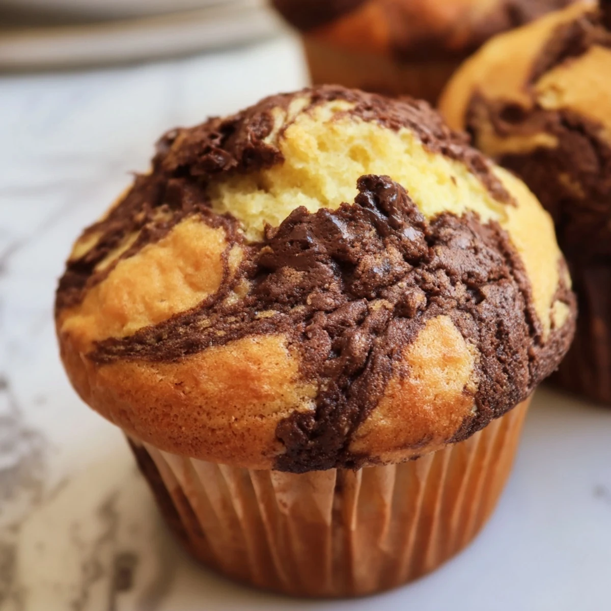 Freshly baked Nutella banana muffins with golden tops and chocolate swirls cooling on a wire rack