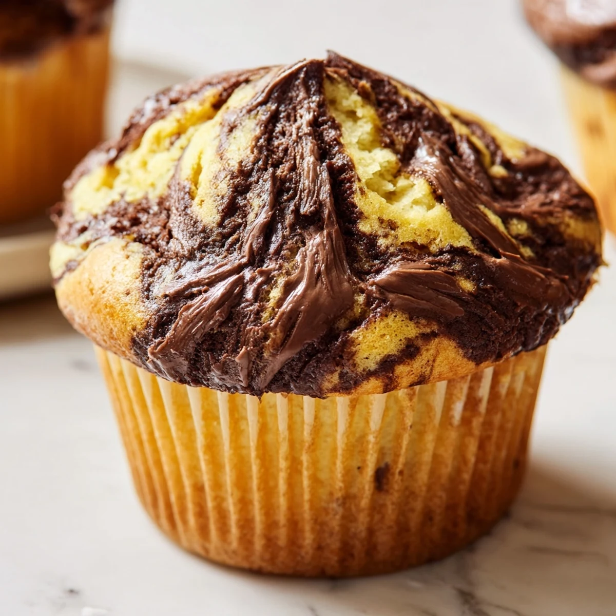 Moist banana muffins featuring ribbons of melted hazelnut chocolate inside a fluffy breakfast treat