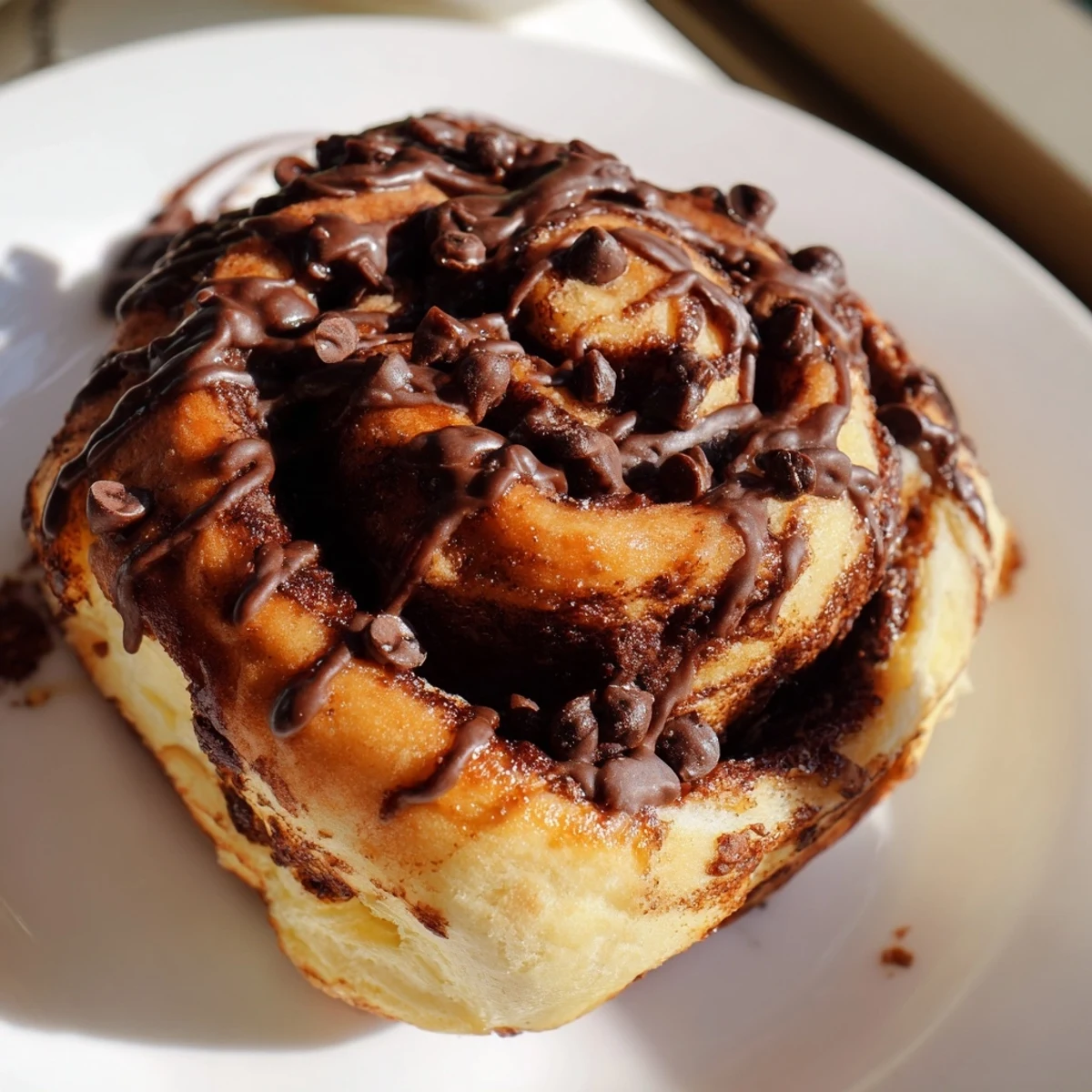 Homemade double chocolate cinnamon rolls topped with glossy chocolate glaze on a white plate