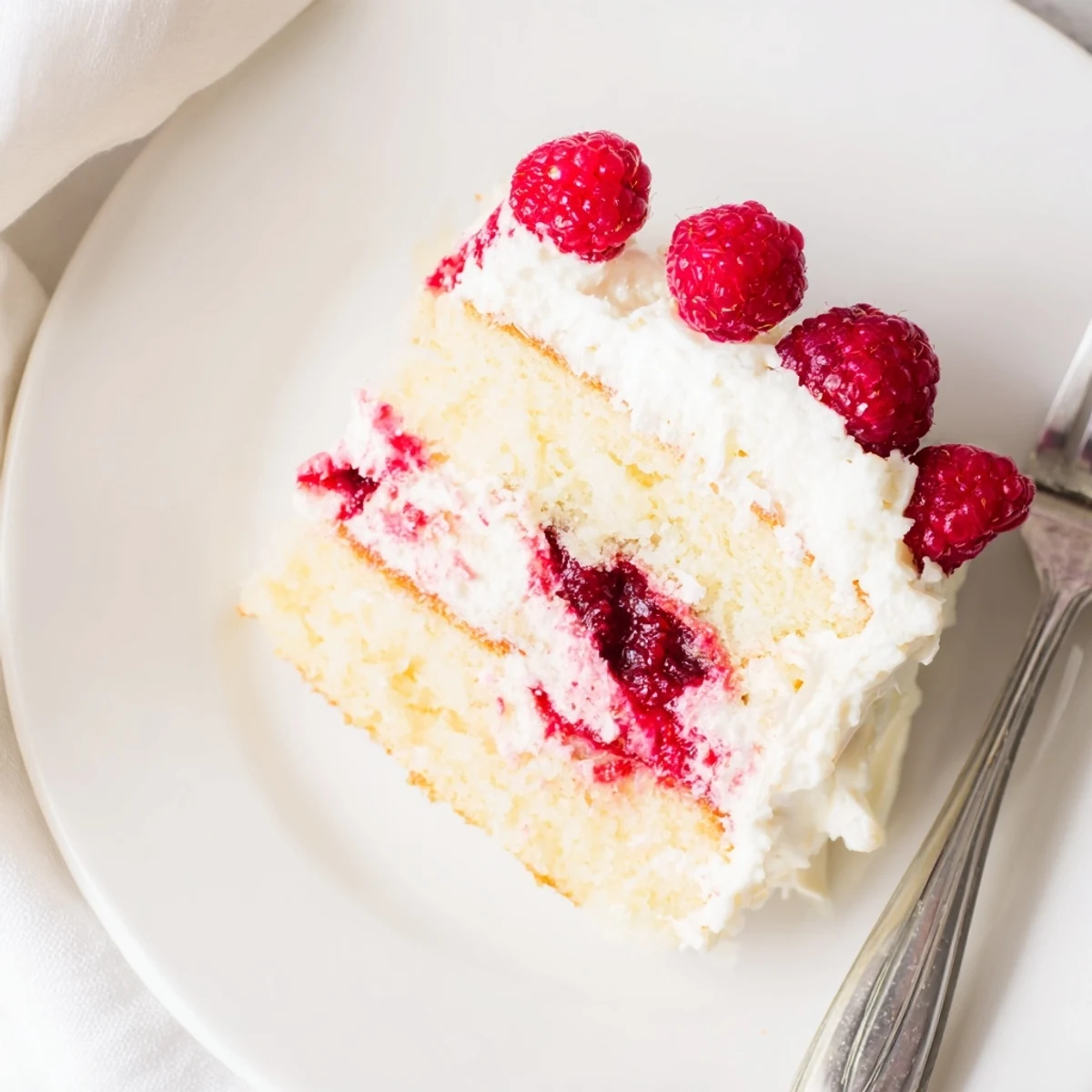 White chocolate raspberry cream cake sliced showing fluffy layers and bright red raspberry filling