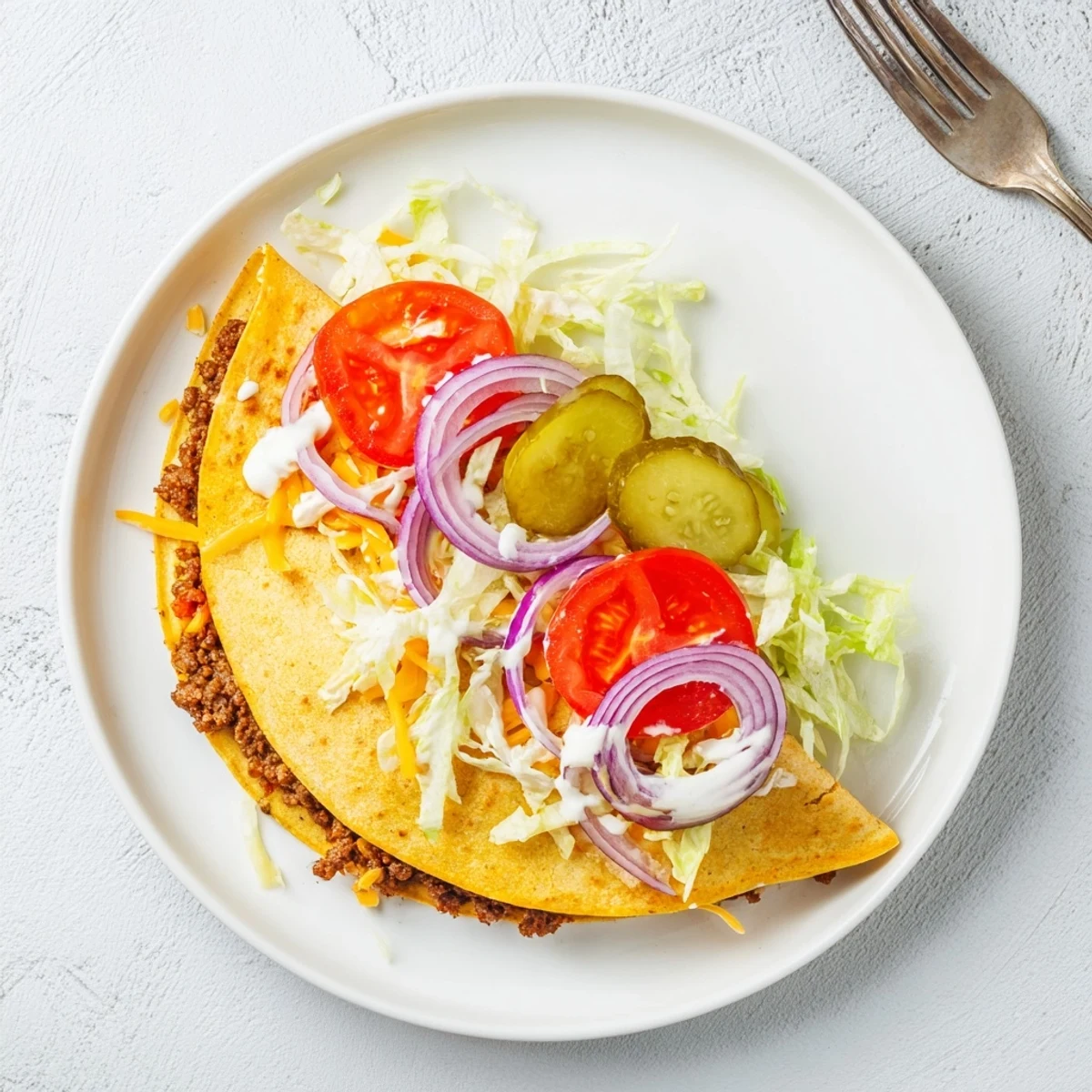 Savory Smashburger Quesadillas on a white plate drizzled with burger sauce and sprinkled with green onions