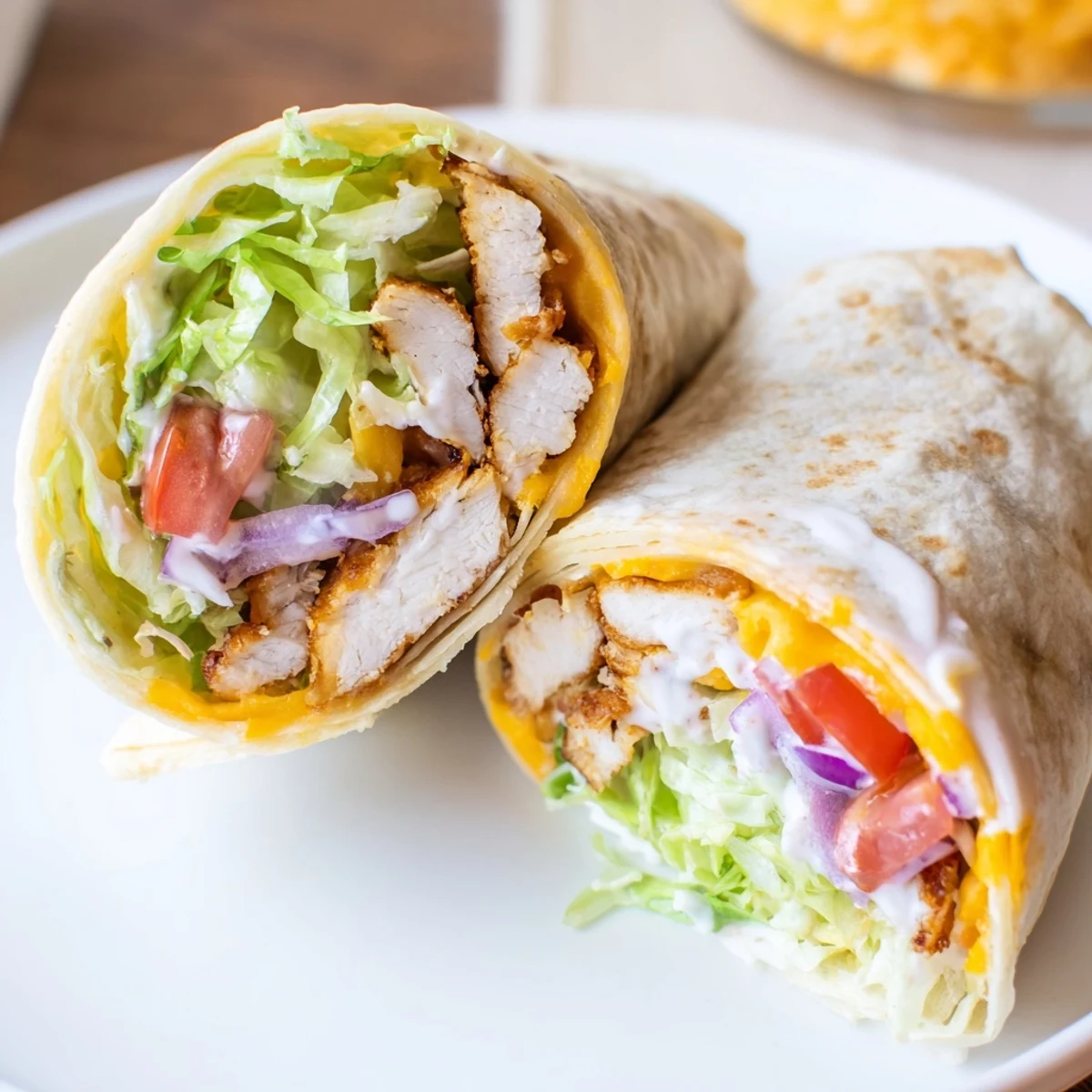 Golden crispy cheesy garlic chicken wraps with melted cheddar and fresh vegetables in a flour tortilla