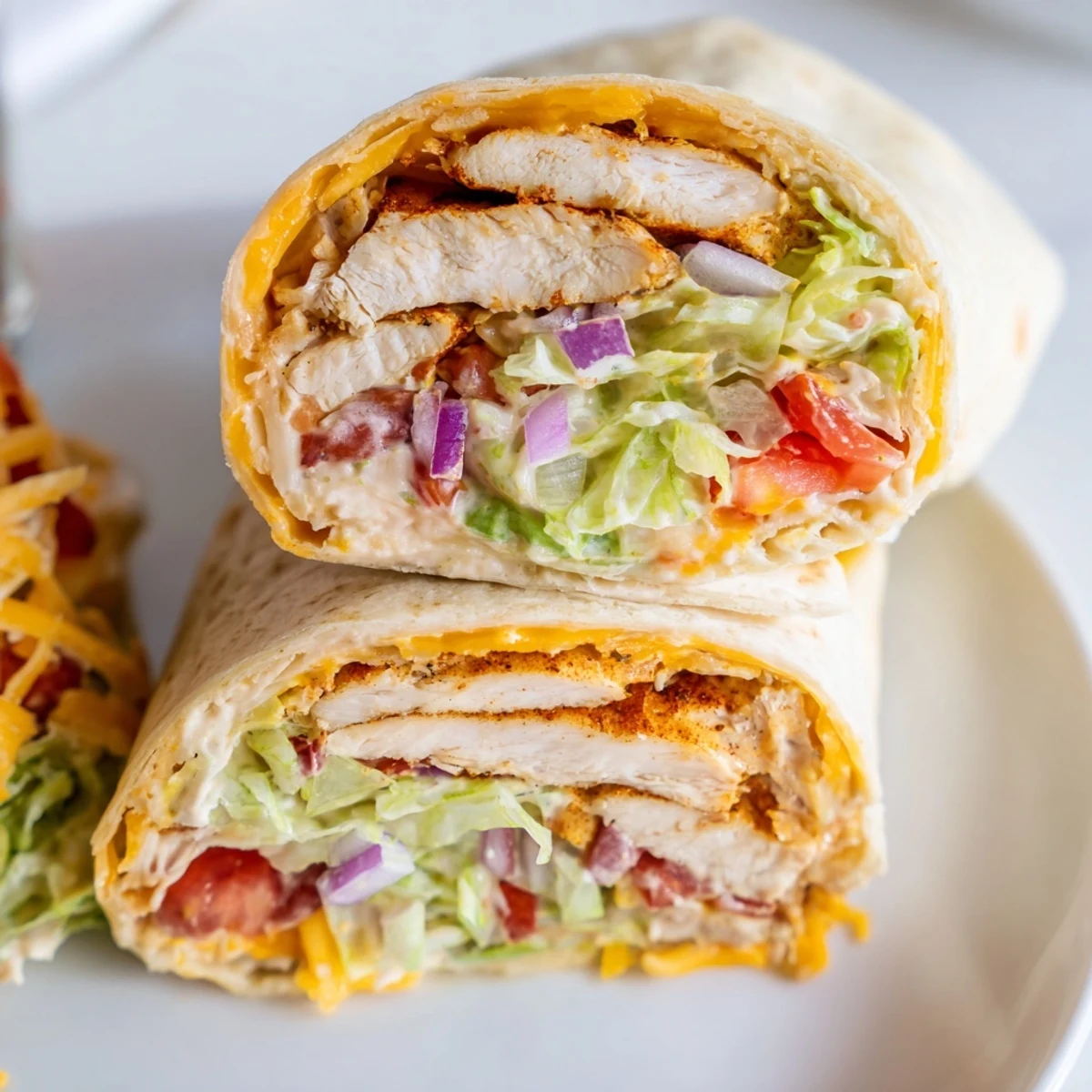 Handheld cheesy garlic chicken wraps sliced diagonally showing layers of seasoned meat and mozzarella cheese