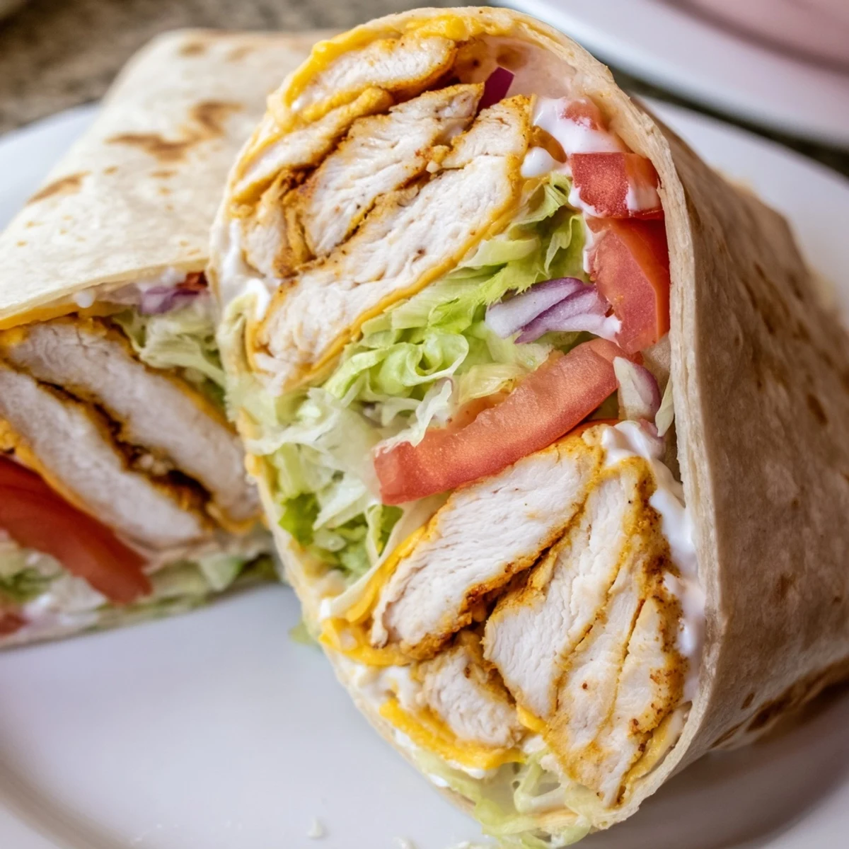 Warm cheesy garlic chicken wraps on a wooden board topped with shredded lettuce and diced tomatoes