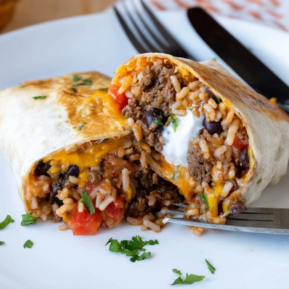 Golden grilled cheese burrito sliced in half revealing seasoned beef and melted cheddar cheese layers