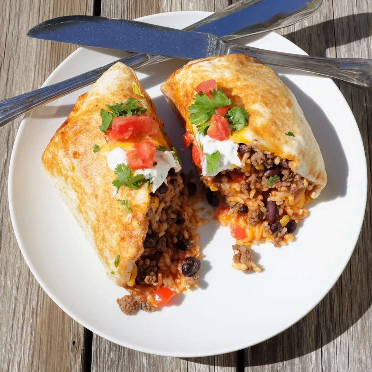 Crispy tortilla wrapped grilled cheese burrito stuffed with taco seasoned beef black beans and rice