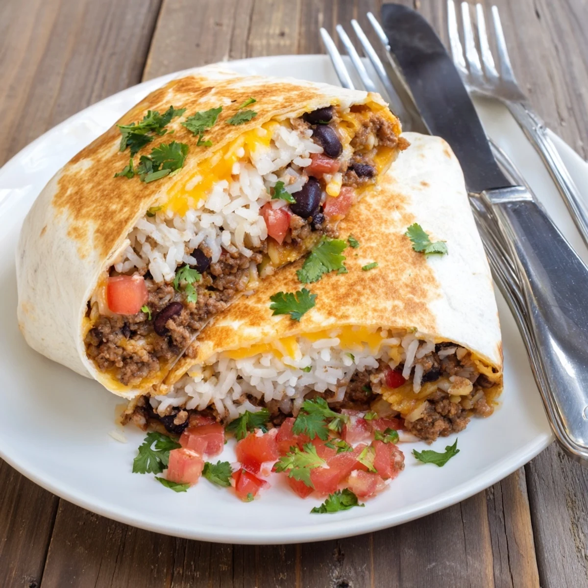 Buttery grilled cheese burrito with savory ground beef filling oozing Monterey Jack and cheddar cheeses