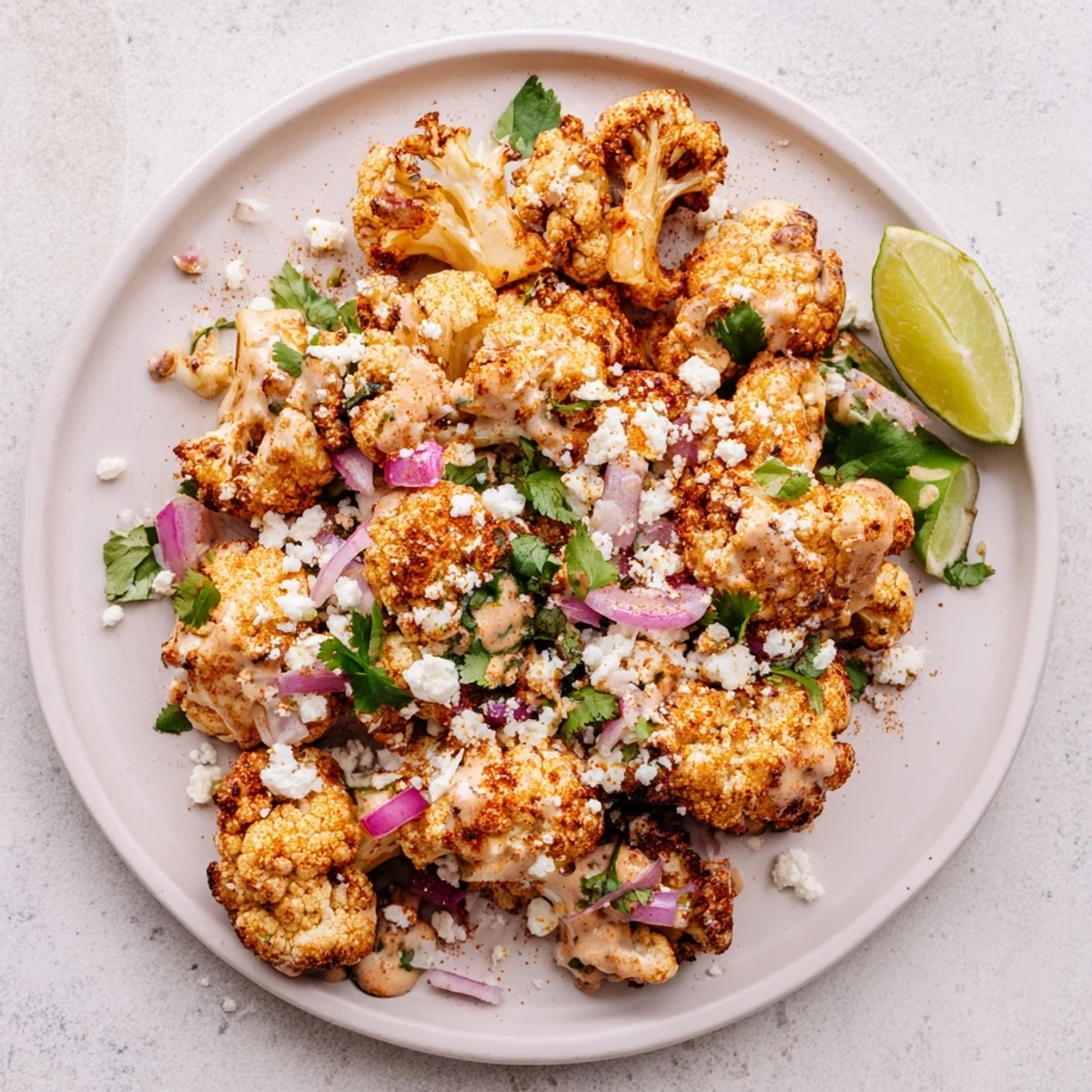 Golden roasted cauliflower elote coated in creamy chili lime sauce and topped with crumbled cotija cheese