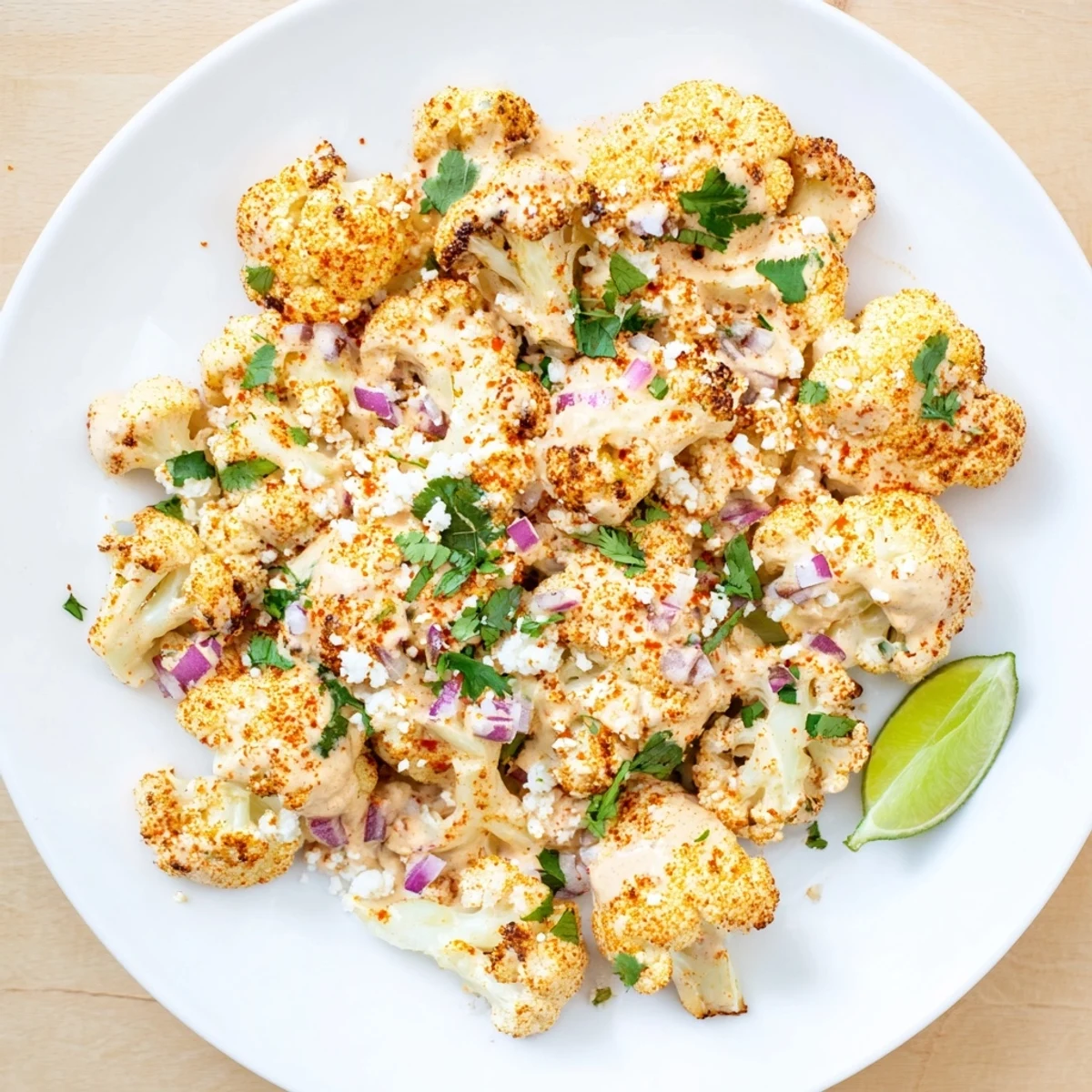 Mexican-style cauliflower elote sprinkled with fresh cilantro, diced red onion, and zesty lime wedges