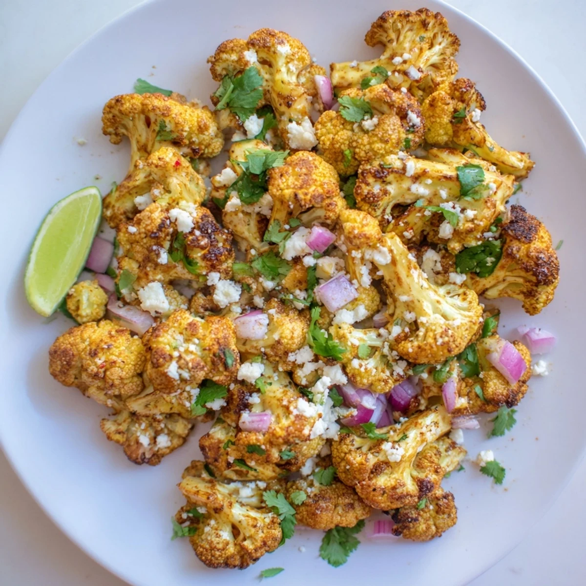 Vegetarian elote featuring tender roasted cauliflower florets drizzled with smoky mayonnaise and sour cream blend
