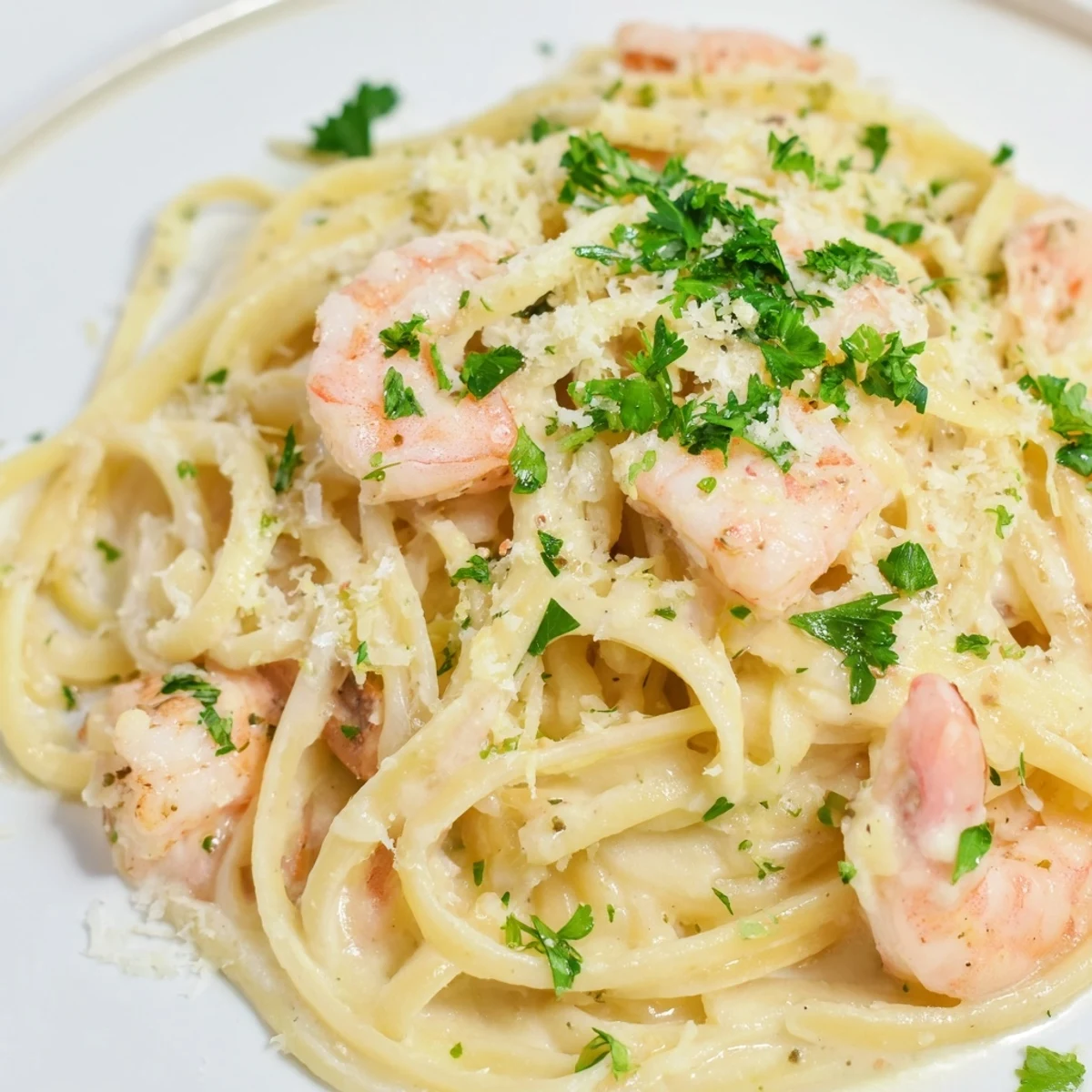 Creamy shrimp scampi pasta tossed in garlic parmesan sauce with fresh parsley garnish
