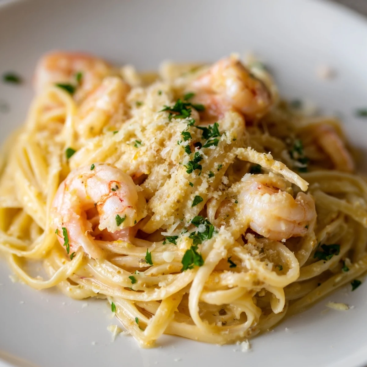 Plump shrimp served over pasta in silky lemon garlic cream with parmesan