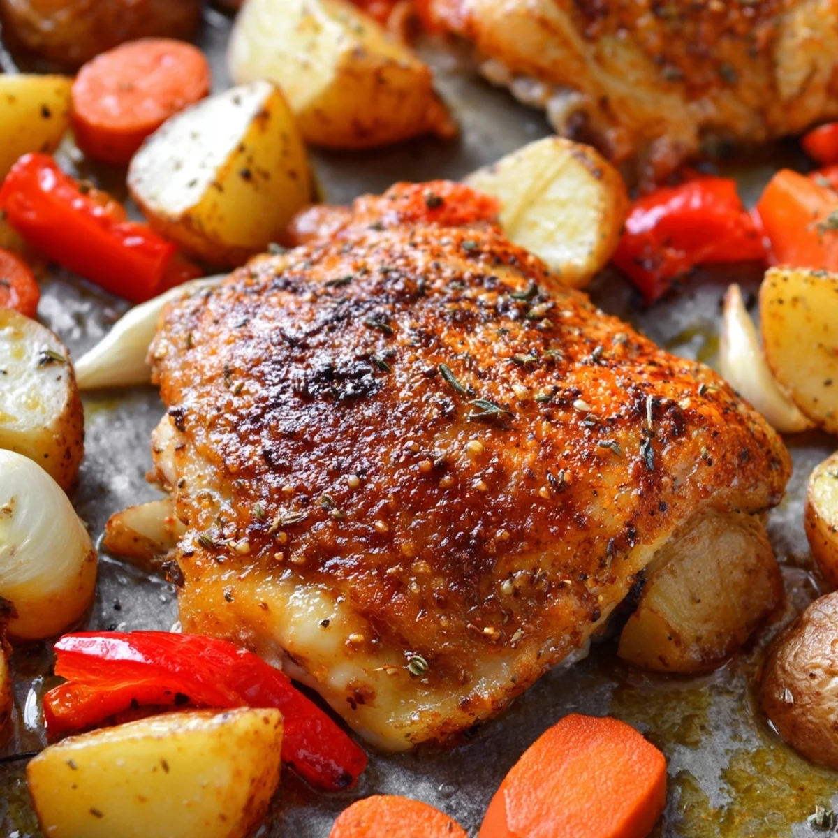 Golden roasted one pan chicken bake with colorful vegetables and crispy skin