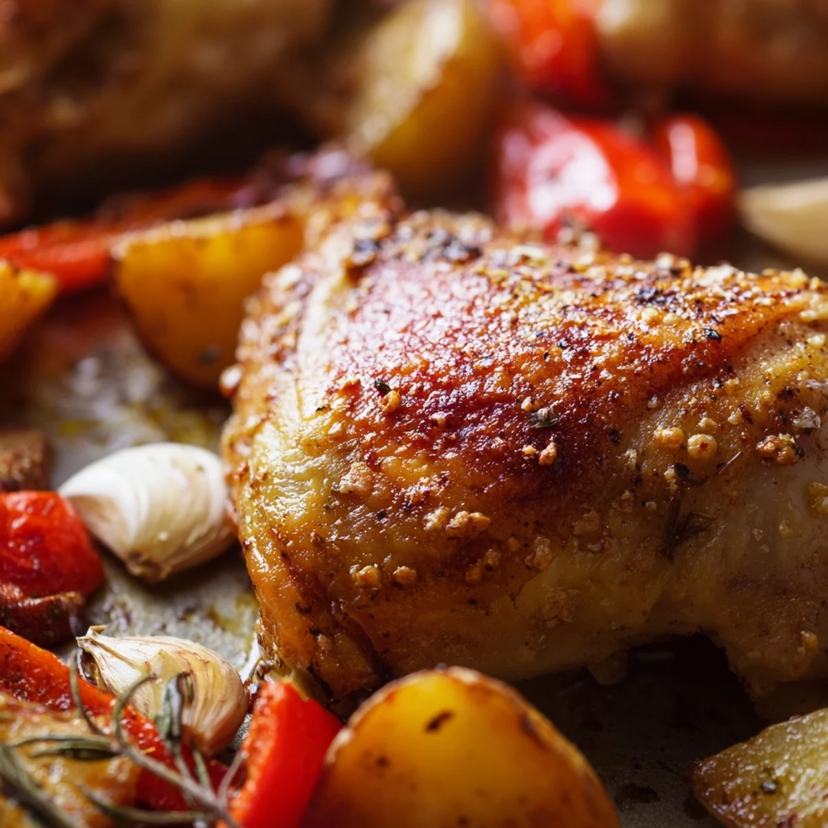 Tender chicken thighs nestled among roasted potatoes and carrots in one pan bake