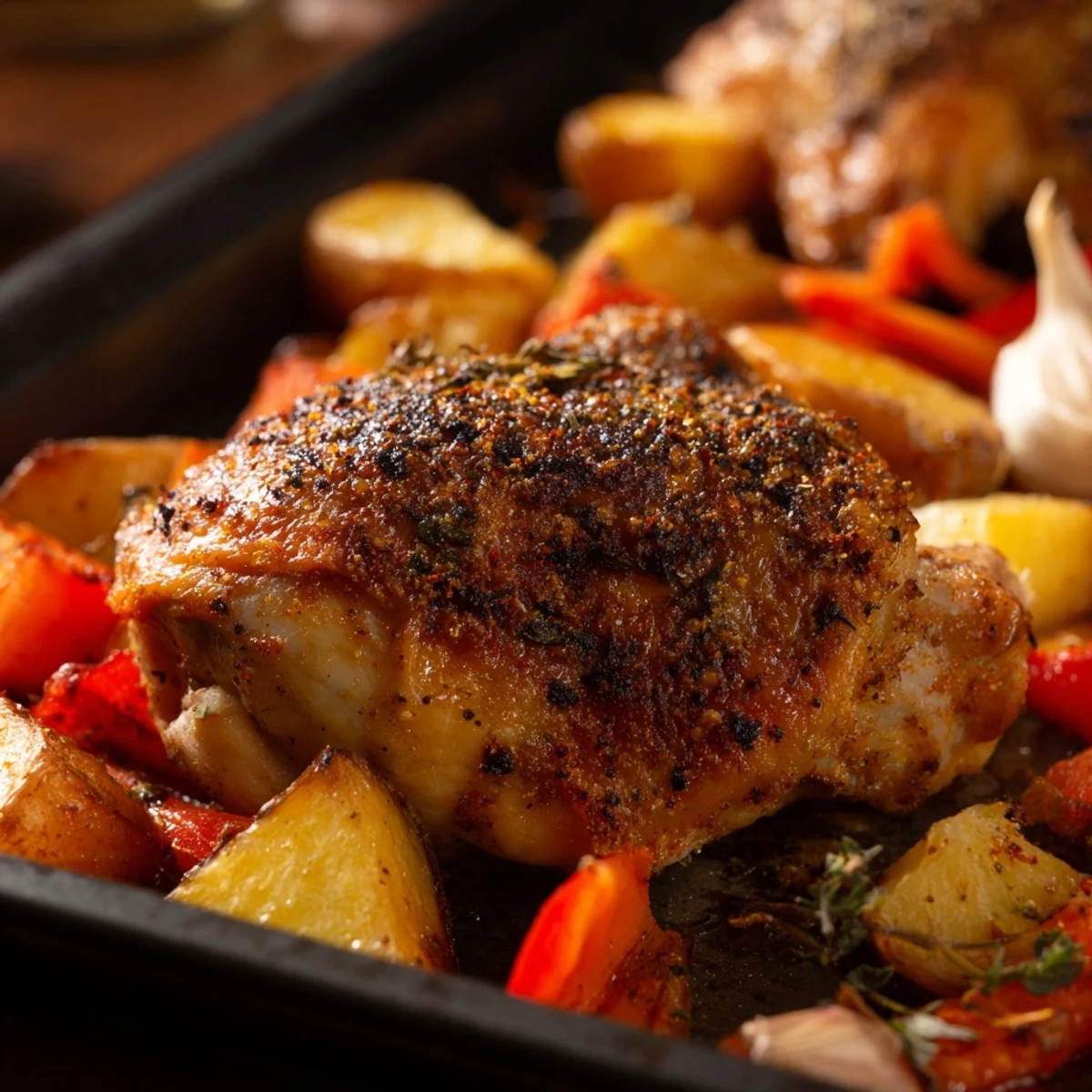 Savory one pan chicken bake featuring herbs, vegetables, and golden brown chicken skin