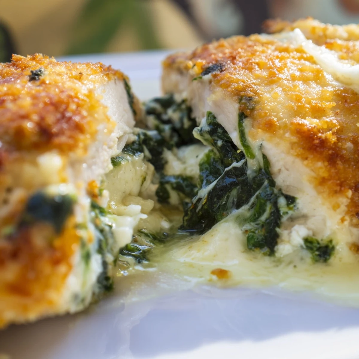 Golden baked spinach ricotta chicken with a crispy parmesan crust on a white serving plate