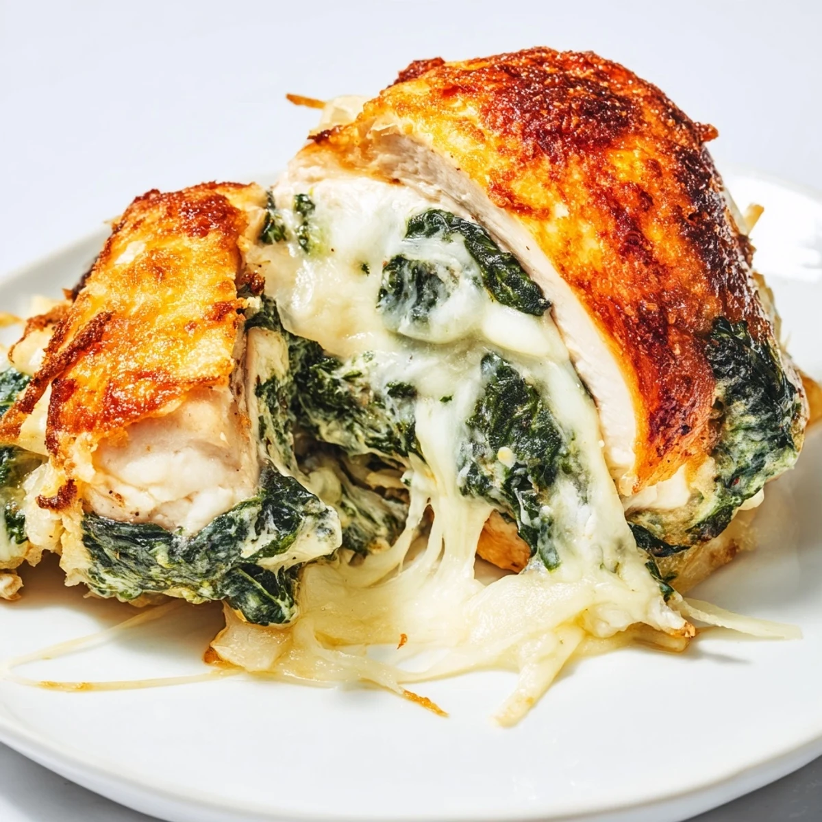 Tender stuffed chicken breast sliced open to reveal creamy spinach and ricotta cheese filling