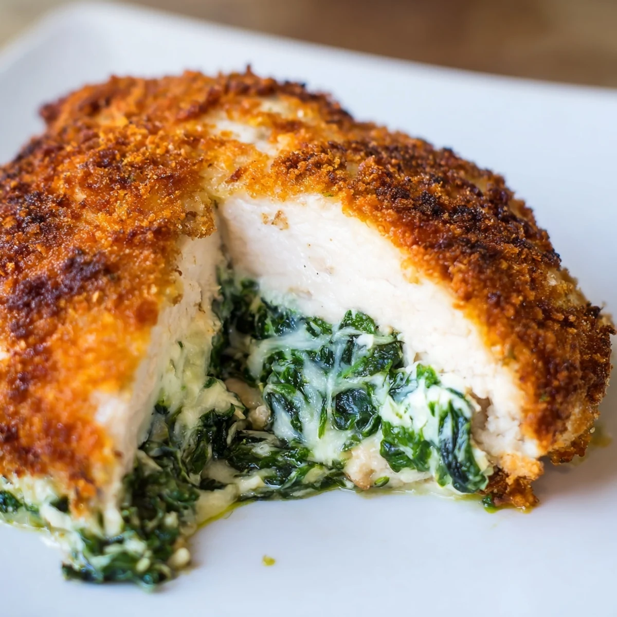 Whole spinach ricotta chicken breast resting on a wooden cutting board ready for serving