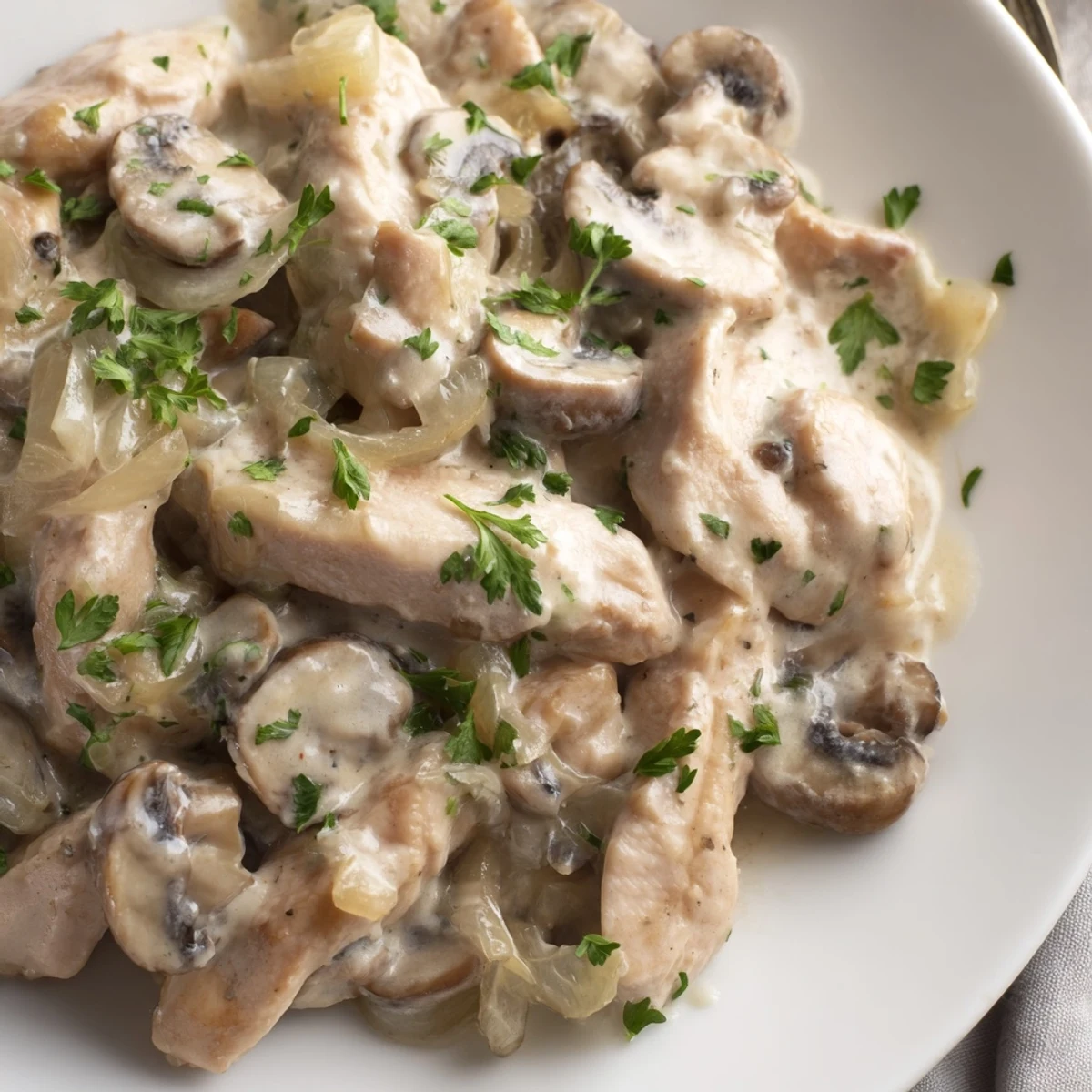 Creamy chicken stroganoff with tender strips and sliced mushrooms in rich sour cream sauce