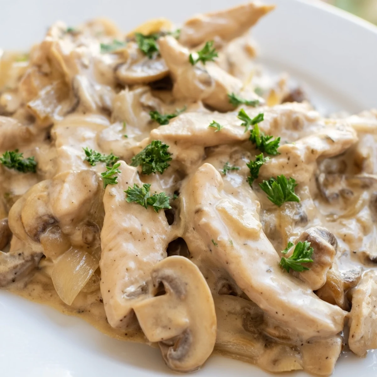 Golden chicken pieces smothered in luxurious white sauce with mushrooms and fresh parsley garnish