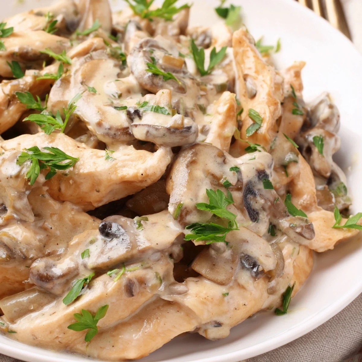 Homemade chicken stroganoff served over noodles featuring savory sauce with browned vegetables and herbs