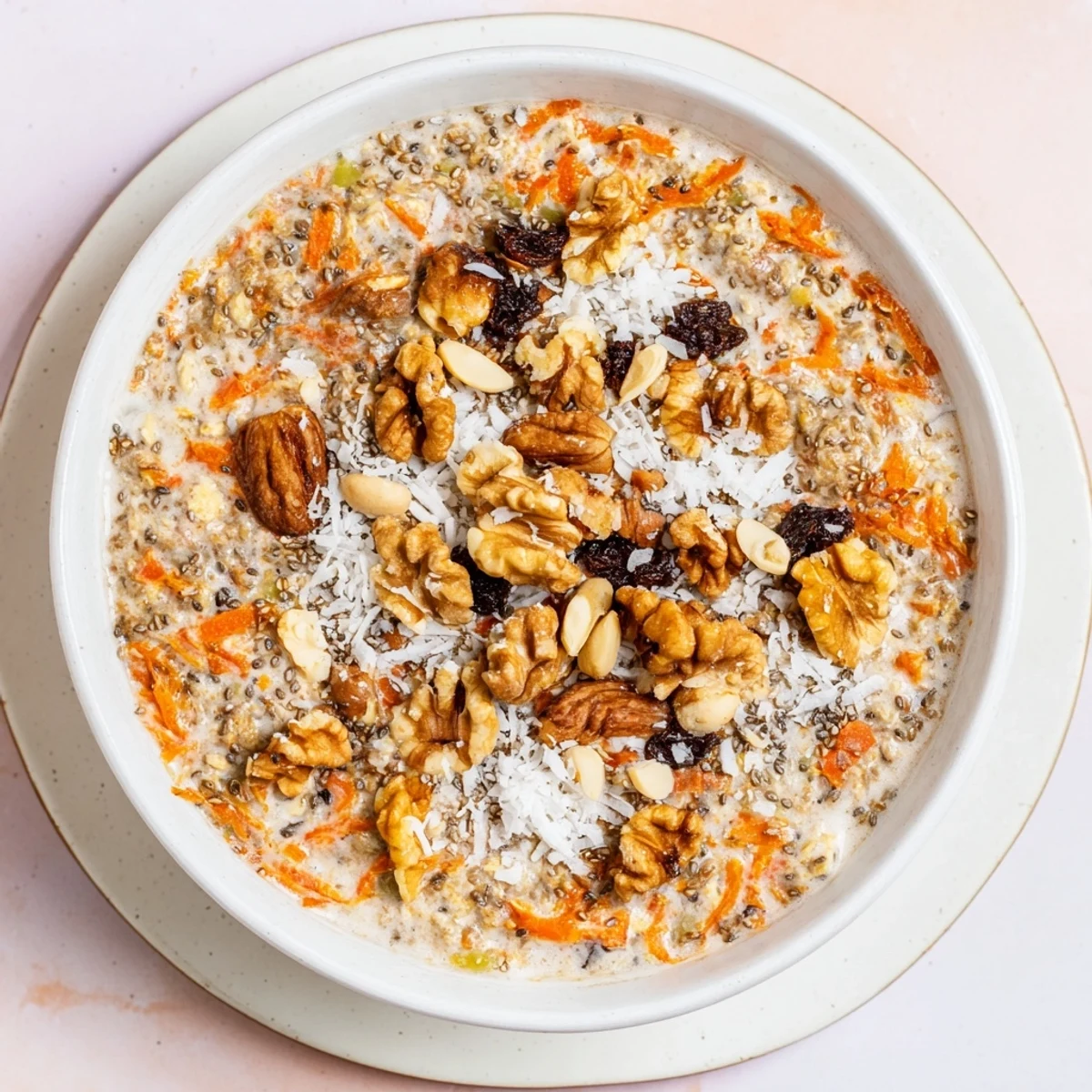 Creamy carrot cake overnight oats topped with crunchy walnuts, sweet raisins, and shredded coconut in glass jars.