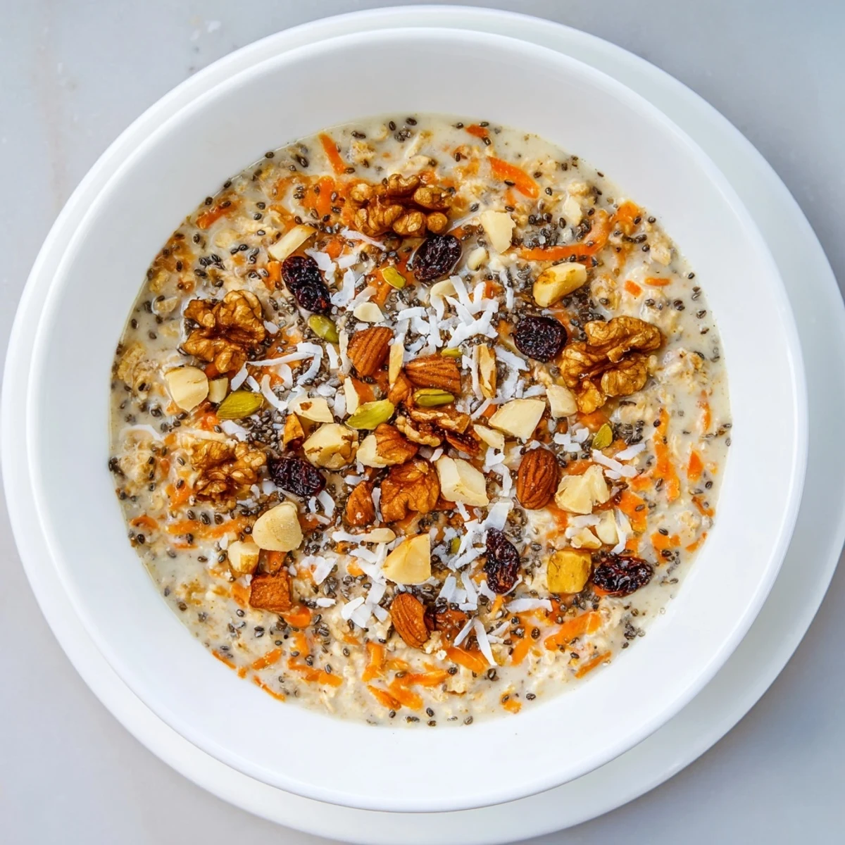 Delicious carrot cake overnight oats with Greek yogurt, maple syrup, and pecan garnish ready for overnight meal prep.