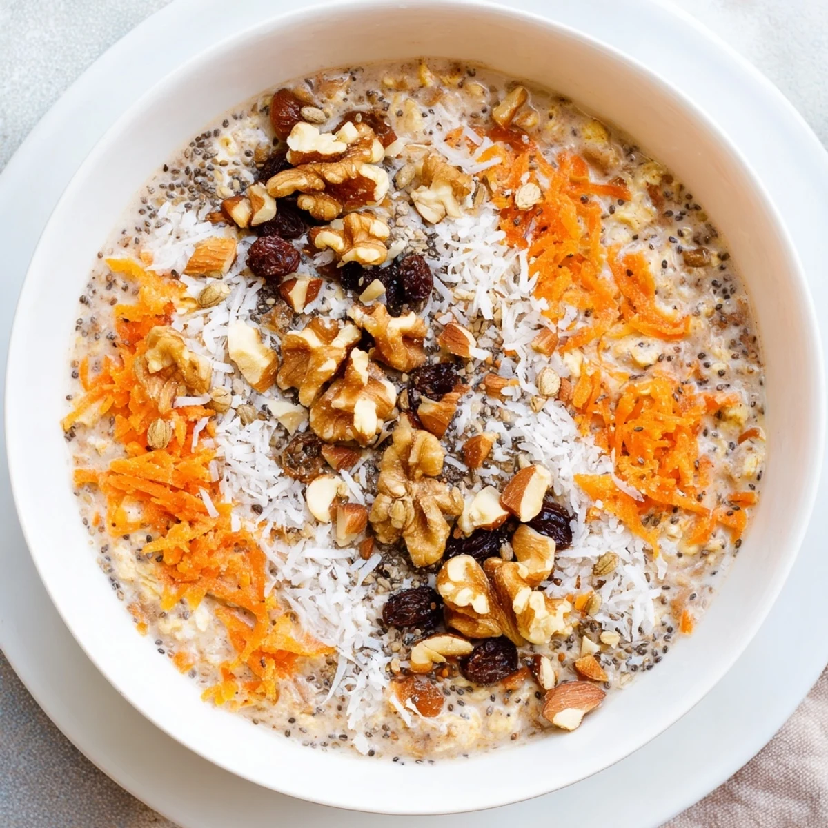 Wholesome jar of spiced carrot cake overnight oats layered with grated carrots, cinnamon, and nutmeg for breakfast.