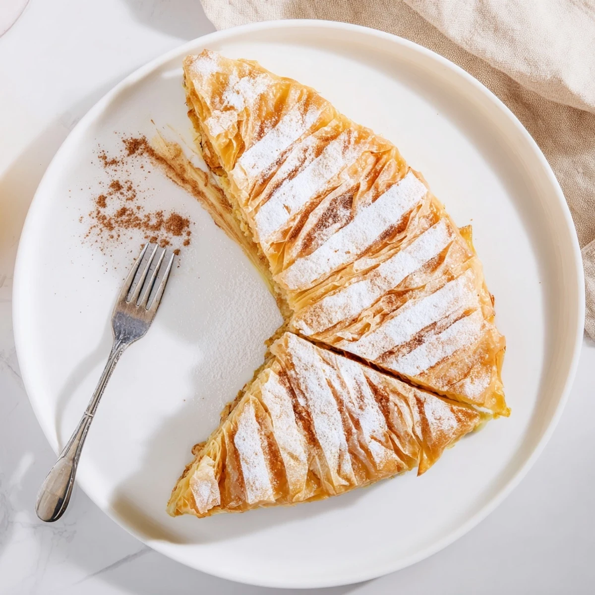 Golden Moroccan Bstilla pie featuring crisp phyllo pastry dusted with cinnamon sugar and filled with spiced shredded chicken