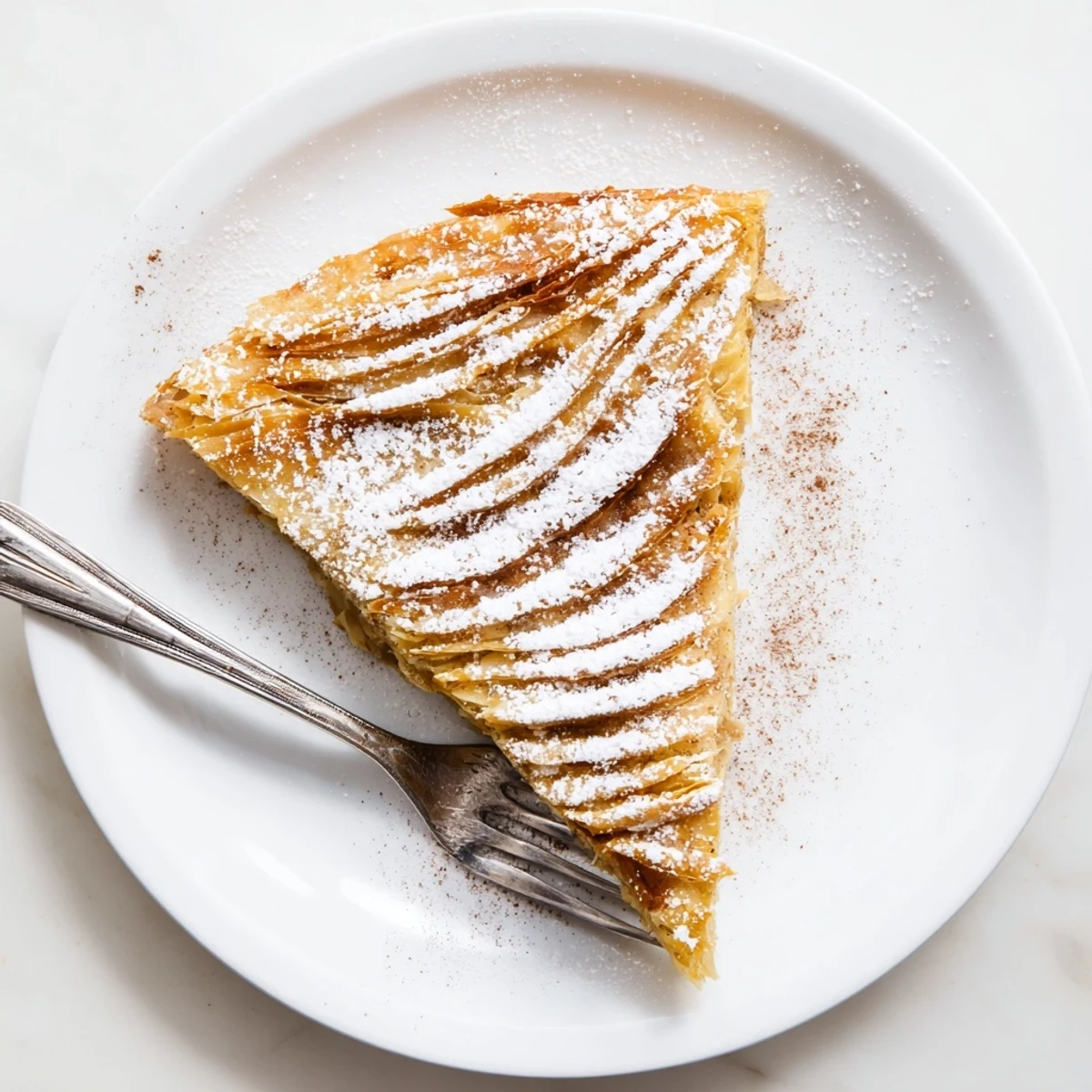 Moroccan Bstilla sliced to reveal tender chicken filling with savory eggs and toasted almonds between buttery layers