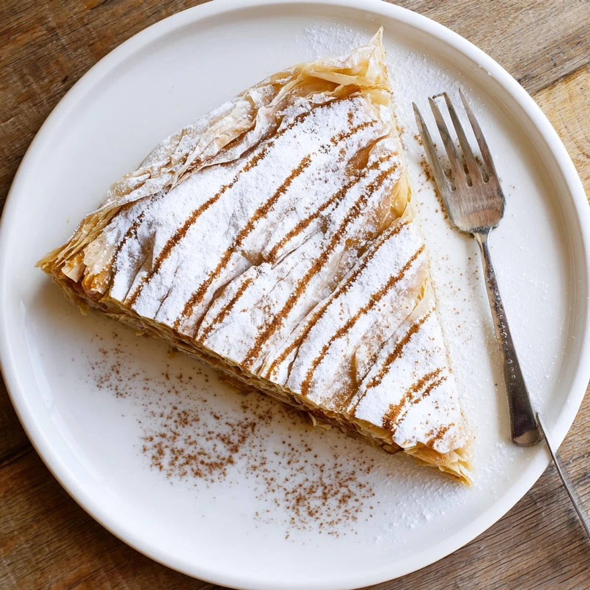 Finished Moroccan Bstilla with decorative powdered sugar and cinnamon stripes showcasing sweet and savory flavors in flaky pastry